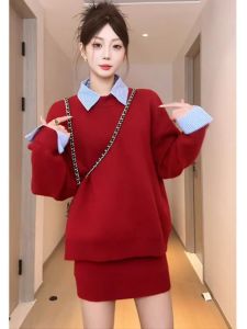 Korean Style Red Splicing Sweater Skirt Two-Piece Set High Waist Short Skirt Long Sleeve High Collar Pure Color Autumn Winter Womens Fashion OOTD