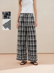 INMAN | Vintage Plaid Drawstring Loose Slimming Ruffle Trim Wide-Leg Pants