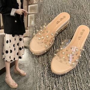 Womens Summer Outdoor Wear Pearl Embellished High Heel Thick Bottom Sandals Transparent Strap Slip-On Korean Style Sandals