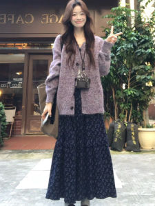 YUEZHONGWEI | Purple Round Neck Autumn Winter Thick Loose Knit Cardigan