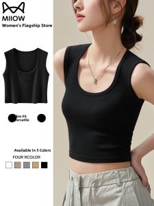 MiiOW | Black Sleeveless Knitted Vest Womens Summer 2025 Style Slimming Ribbed Covering Side Breast Cotton Blend Casual Top