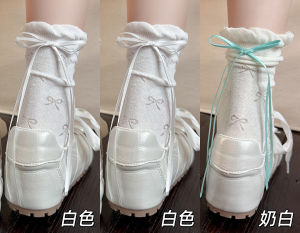 White Cotton Mid-Calf Socks Womens Summer Thin Lace Butterfly Knot Long Socks Pure Cotton Ballet Style Over-The-Knee Socks