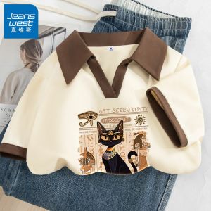 Jeanswest Red Wine Color Short Sleeve Womens T-shirt Pure Cotton Street Style Loose Fit Summer New Arrival Creative Print Top