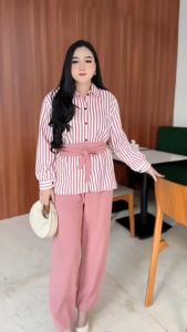 Elisa Set One Set Wanita Kekinian Kemeja Katun Mikro Baju Setelan Wanita Lengan Panjang LD 110 cm
