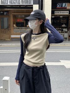 American Style Spicy Girl Long Sleeve T-Shirt Womens Spring Autumn Color Block Letter Embroidery Base Shirt Shoulder Insertion Top