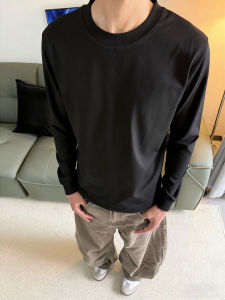 เสื้อยืดคอกลมแขนยาวผู้ชาย สีดำ ทรงหลวม ทรงลำลอง ผ้าฝ้ายแท้ สำหรับใส่ในฤดูใบไม้ร่วง เสื้อคลุมกันหนาว Cleanfit
