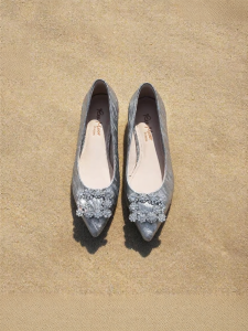 Reemoor | French Pointed Toe Flats with Crystal and Square Buckle Bridal Shoe