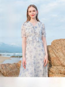 Lagogo Summer 2024 Irregular Hem Floral Print Chiffon Dress Womens High Waist Bubble Sleeve V-Neck Gored Skirt Elegant Ladylike