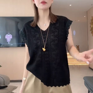 Shalldoer | Lace Insert Short Sleeve Knit Top Women