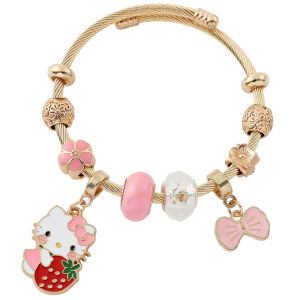 Sanrio | Hello Kitty Themed Open Bangle Zinc Alloy with Strawberry Kitty Pendant & Pink Enamel Beads Gold Plated Adjustable Cuff