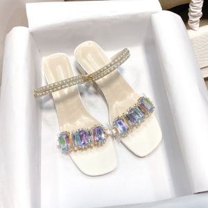 Fashionable French Rhinestone Sandals Women Summer 2025 New Thick Heel High Heels Popular Fairy Style Slip-On Flat Bottom Rubber Sole