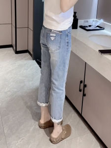 Quần Jeans Denim Co Giãn Cho Nữ Mùa Hè 2025 Quần Ống Thẳng Ôm Dáng Lưới Dệt Kim Cạp Cao Quần Denim Co Giãn