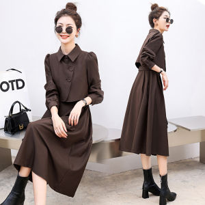 Elegant Long Sleeve Long Dress Womens Spring Autumn 2025 New Style High Waist A-Line Skirt Two-Piece Set Korean Style Commute