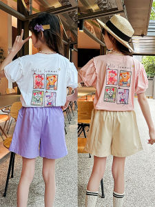 Girls Summer Short Sleeve T-Shirt Cotton Elastic Waist Cartoon Print Casual round Neck Sweat Absorbent plus Size Primary And Junior High School Students Fashionable