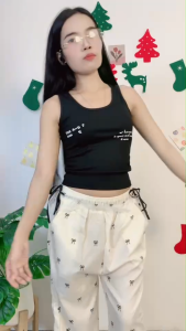 ชุดเซ็ตเสื้อแขนกุด+กางเกงลายโบว์