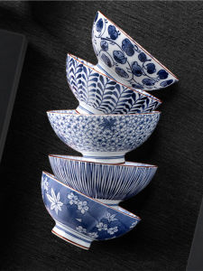Mino Yaki Japanese Style Ceramic Bowl Set Dinnerware Blue And White Porcelain Soup Bowl Home Use Floral Pattern Underglaze
