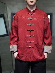 Red Chinese Style Mens Long Sleeve Shirt Jacket Spring Fashionable Hanfu Top Male Zodiac Year Outerwear Traditional Costume