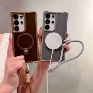 Armor Folding Magnetic Ring Stand Wrist Strap Phone Case for Samsung S24 S25 Plus S23 S26 Ultra Shockproof Protective Cover