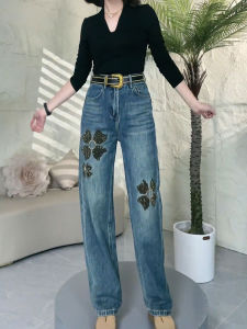 MANMI | Quần Jeans In Hình Đùi Rộng Cao Cổ Phối Hợp Thoáng Mát Nữ Kích Thước Nhỏ