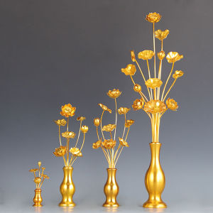 ดอกบัวทองประดับพุทธสถาน ดอกไม้เทียมพร้อมถ้วยดอกไม้สำหรับตกแต่งห้องนั่งเล่นและพุทธสถาน ดอกไม้ประดับพุทธสถาน