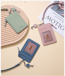 Women Badge ID Card Cover Top Grain Leather Easy Pull Buckle Card Zipper Pouch Multi Functional Credit Card Holder with Lanyard