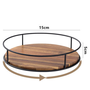 LMETJMA Acacia Wood Lazy Susan Turntable with Metal Frame Kitchen Susans Organizer Countertop Storage Wooden Serving Tray Rack