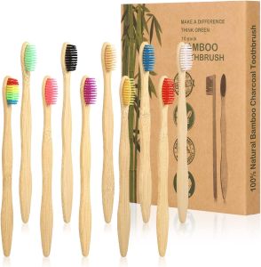 ใหม่ 10 แพ็คแปรงสีฟันไม้ไผ่ขนแปรงไนลอนธรรมชาติย่อยสลายได้เป็นมิตรกับสิ่งแวดล้อมปลอดสาร BPA ชุดแปรงสีฟันไม้ คละสี