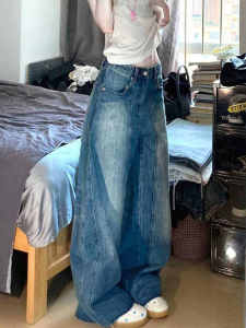 กางเกงยีนส์ทรงหลวมสไตล์ย้อนยุคสไตล์อเมริกันสำหรับผู้หญิงในฤดูใบไม้ผลิและฤดูใบไม้ร่วง กางเกงขายาวทรงเอวสูง สีน้ำเงิน