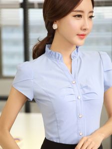 Professional White Shirt Womens Short Sleeve Summer Korean Style Half Sleeve Lace Collar Workwear Polyester Fiber UV Protection
