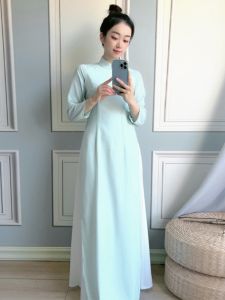 Chic Womens Chiffon Qipao Dress Spring Autumn A-Line Skirt Long Sleeve Pure Color OL Style mid Waist Tea Ceremony Costume