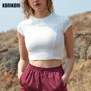 Konikoni Tencel Rib Sports Short-Sleeved T-shirt Micro Pressure High Elastic Silm Comfortable Plaid Workout Yoga Top