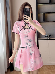 Pink Traditional Chinese Style Slimming Younger Version Flag Dress Two-Piece Set High Waist Short Sleeve A-Line Skirt