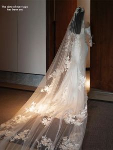 Elegant Long Wedding Dress Headpiece Floral Design Super Fairy Tale Bridal Veil Soft Tulle Headwear for Brides