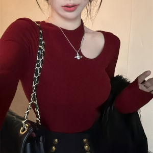 Black Hollow Design Slim Fit Long Sleeve Womens T-shirt Base Layer Shirt Short Style Bone Clavicle Top Korean Style Spring Commute