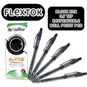 Flextok Black Ink 0.7 Tip Retractable Ball Point Pen Easy & Smooth Writing Low Viscosity Ink Pens 12 Pack