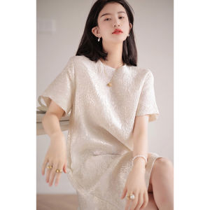 Elegant round Neck Sculpture Short Sleeve Thin Base Skirt Gentle Fairy Style Commute Dress Womens Fashion Summer Dress