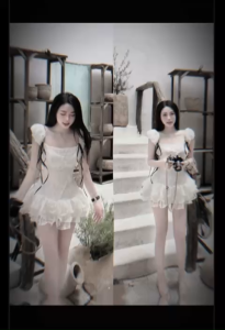 L_ Đầm váy đi biển đầm đi tiệc đầm cúp ngực Ren hoa cột nơ bồng xoè mini kèm quần bảo hộ