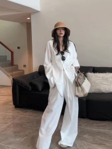 Summer 2024 Lazy Loose Fit Simple High-End Sun Protection Shirt Jacket Casual Wide Leg Pants Two-Piece Set Womens Fashion