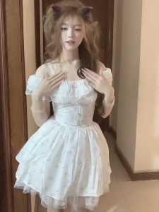 French Floral Dress Womens Summer 2024 New Arrival Small First Date Slim White Dress Waist-Tight Figure Flattering Puffy Dress