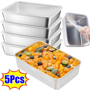 5Pcs Large Size Food Tray with Lid / Thicken 304 Stainless Steel Food Storage Container / Fresh Keeping Box / BBQ Kitchen Food Storage Organizer