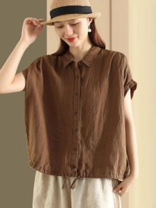 Pure Color Linen Short-Sleeved Shirt Womens Summer Loose Casual Plus Size Cardigan Shirt Drawstring at Hem Cotton and Linen Tops