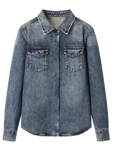 Retro Washed Blue Denim Shirt Womens Spring Inner Layer Long Sleeve Elegant Shirt Trendy Top High Waist Style Button Pocket