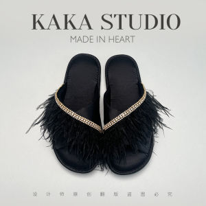 Luxurious Satin Slip-On Slippers Cross Ostrich Feather Morning Robe Outdoor Wear Soft Bottom Indoor Home Use Spring Summer