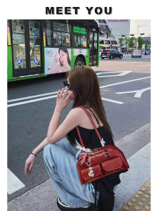 Red Underarm Bowling Bag Womens New 2025 Autumn Winter Luxury Small Boston Wedding Bag Soft Tote Handbag Single Shoulder Carry