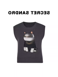 Oajer Flagship Store Womens Knitted Vest Top Layering Early Spring Dona Cool Cat Design Polyester Fiber 100% Commute Style