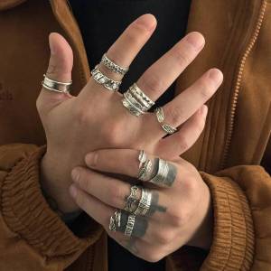 Ingemark 12Pcs/Set Punk Feather Open Rings for Men Hip Hop Geometry Bat Wings Silver Color Adjustable Knuckle Ring Male Jewelry