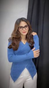Knitwear Wrap Kaos Rajut Wanita Lengan Panjang Atasan Rajut Crop