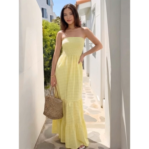 Summer Yellow Grid Strapless Maxi Dress Women Smocked Tiered Ruffle Flowy Long Dress