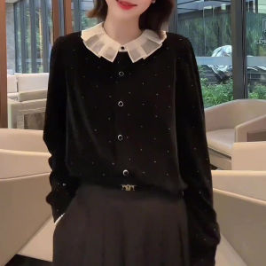 UYFY | Black Peter Pan Collar Velvet Long Sleeve Oversized Ladies Shirt
