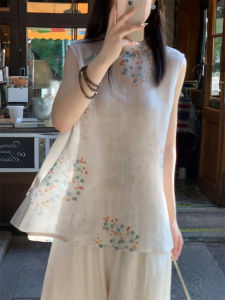 QINGNAER | Guofeng Floral Pattern Sleeveless Round Collar Shirt Plus Size